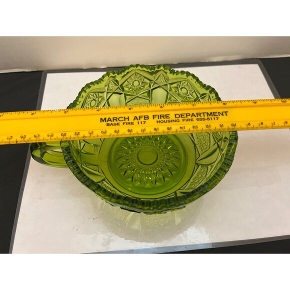 L E Smith Heritage Quintec Green Carnival Glass Handle Candy Nut Dish Bowl Vtg - Picture 7 of 7